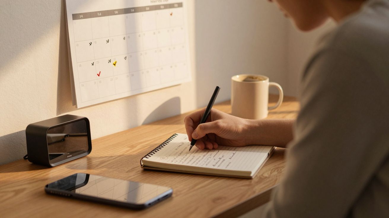 Pessoa a escrever numa agenda numa secretária com calendário, telemóvel, relógio e caneca.