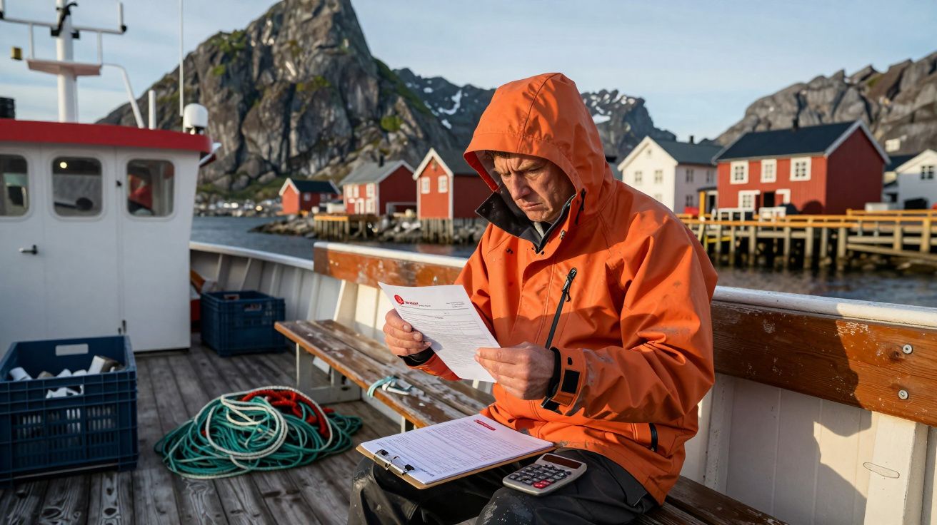 Homem com capa de chuva laranja sentado num barco lendo um documento, com casas vermelhas e montanha ao fundo.