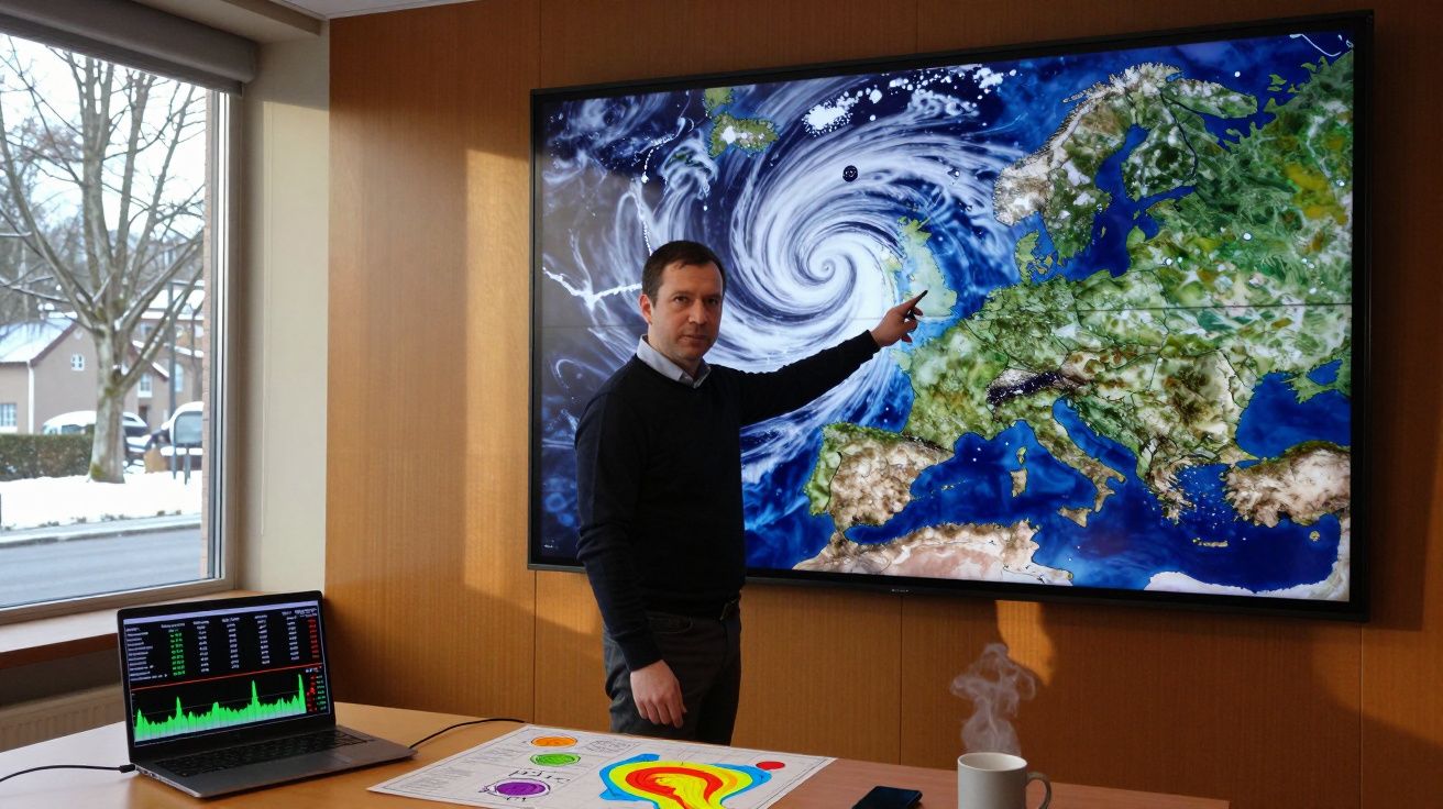 Homem aponta para ecrã grande com imagem de ciclone e mapa da Europa numa sala de trabalho.