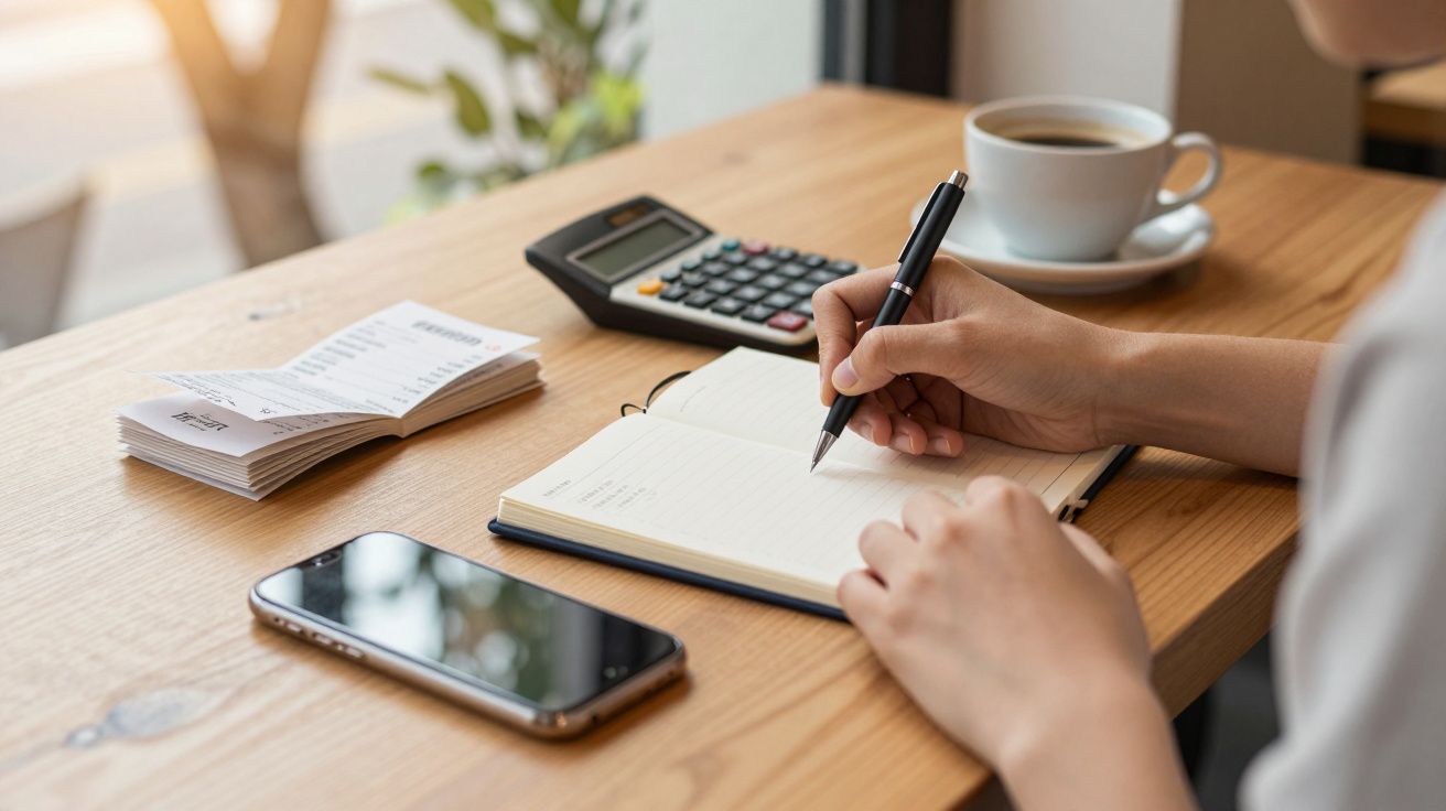 Pessoa a escrever num caderno com smartphone, calculadora, notas e chá numa mesa de madeira clara.