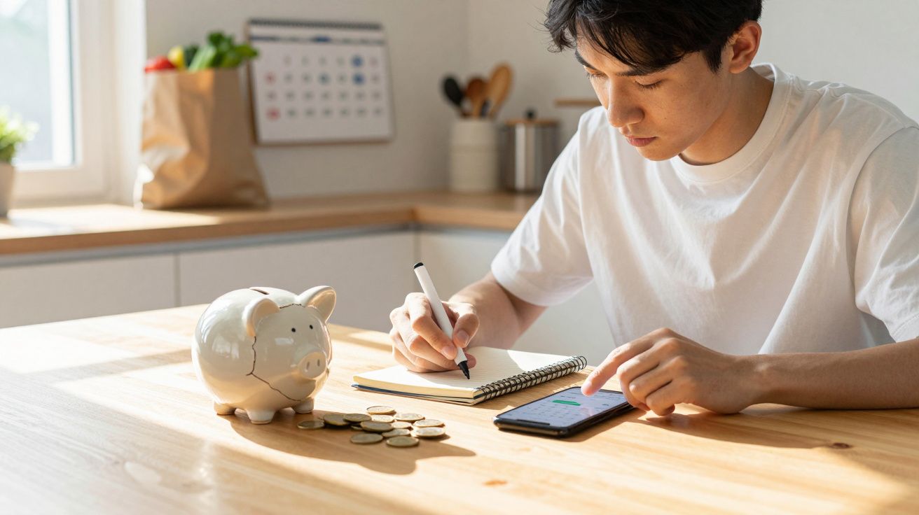 Jovem a fazer contas num caderno com smartphone e mealheiro na mesa, em ambiente de cozinha iluminada.
