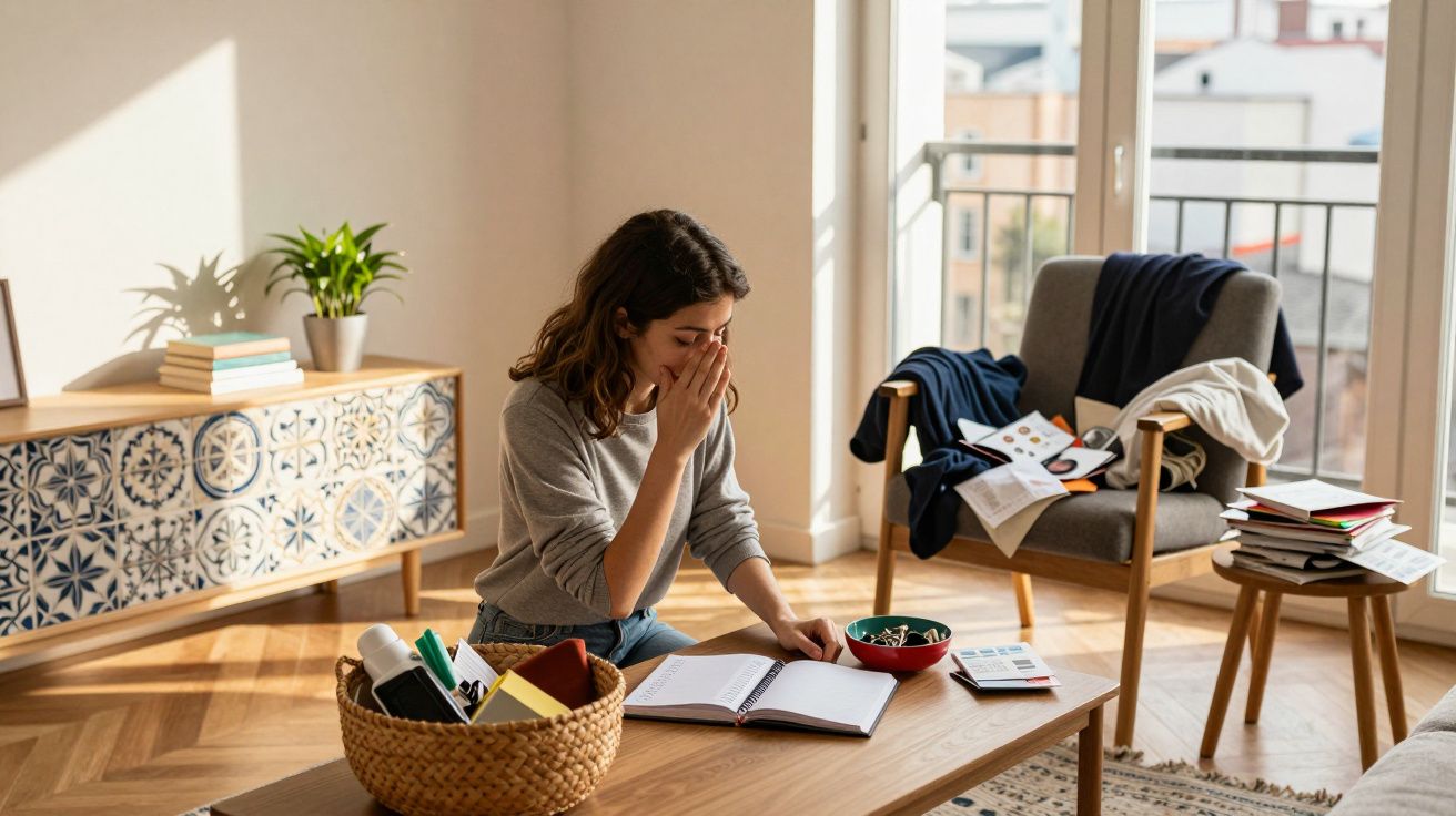 Mulher sentada numa mesa a espirrar, rodeada de livros e papéis, numa sala com luz natural.