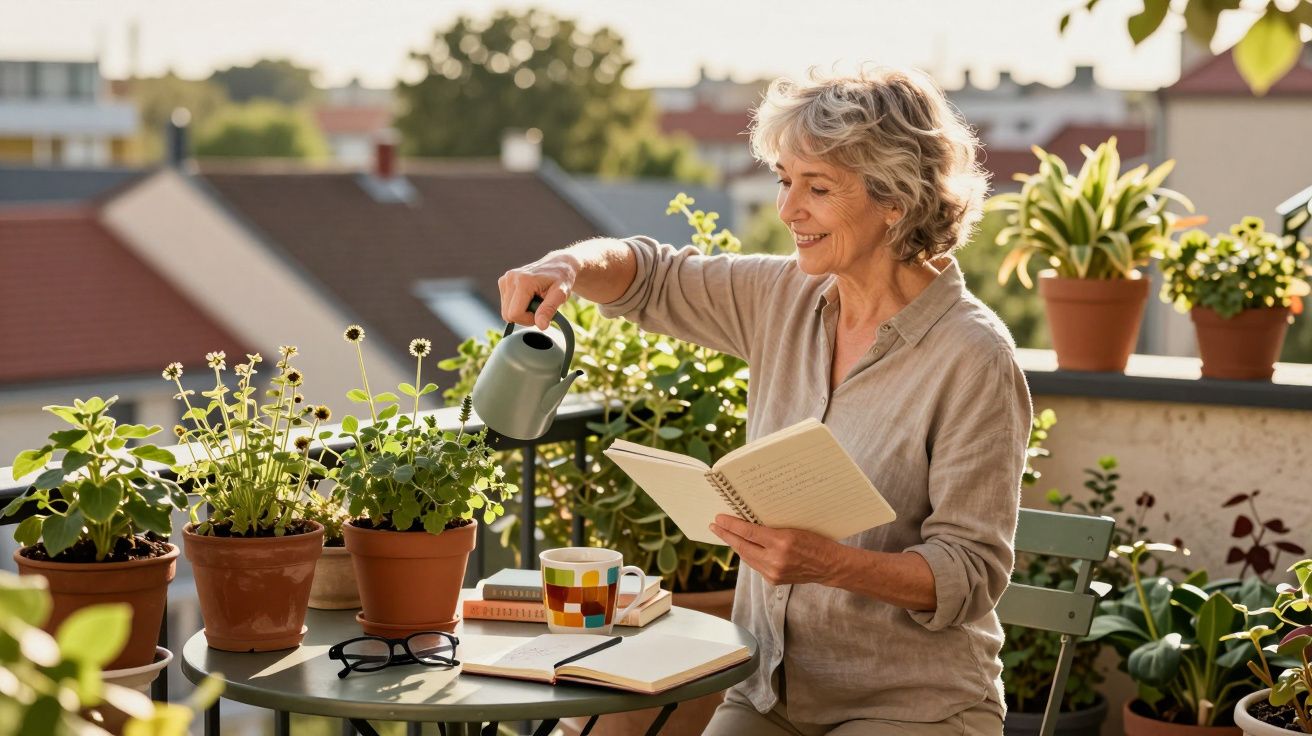 Mulher a regar plantas no terraço enquanto lê livro, rodeada de vasos e luz natural suave.
