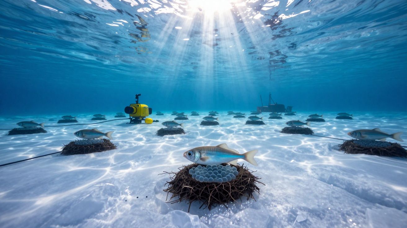 Fundo do mar com peixes sobre ninhos de ovos e equipamento robótico subaquático sob luz solar difusa.