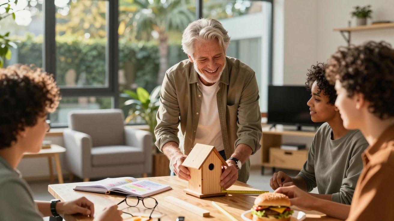 Homem idoso apresenta modelo de casa de madeira a jovens em reunião informal numa sala luminosa.
