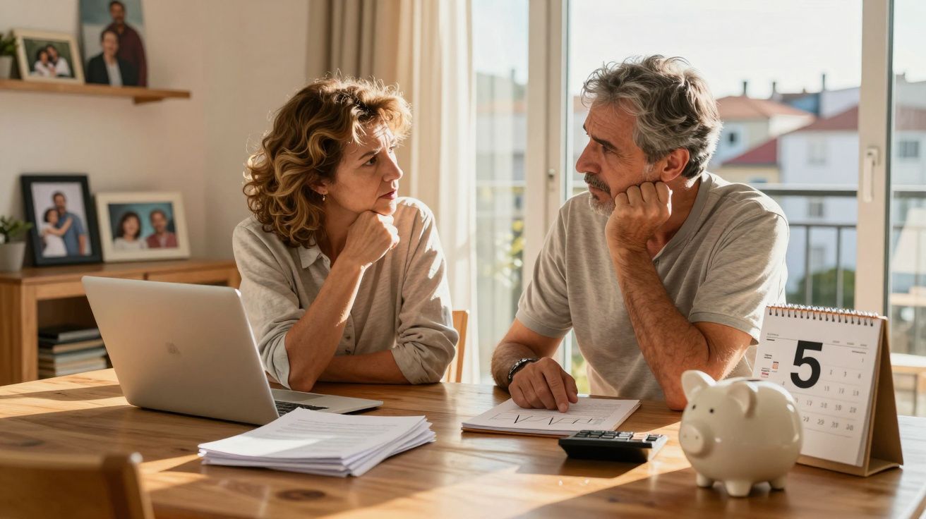 Casal adulto sentado à mesa com laptop, documentos e mealheiro a discutir finanças domésticas.