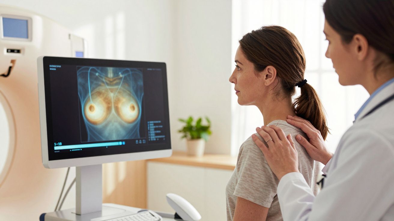 Médica a examinar mulher enquanto observa mamografia no ecrã de computador numa clínica.