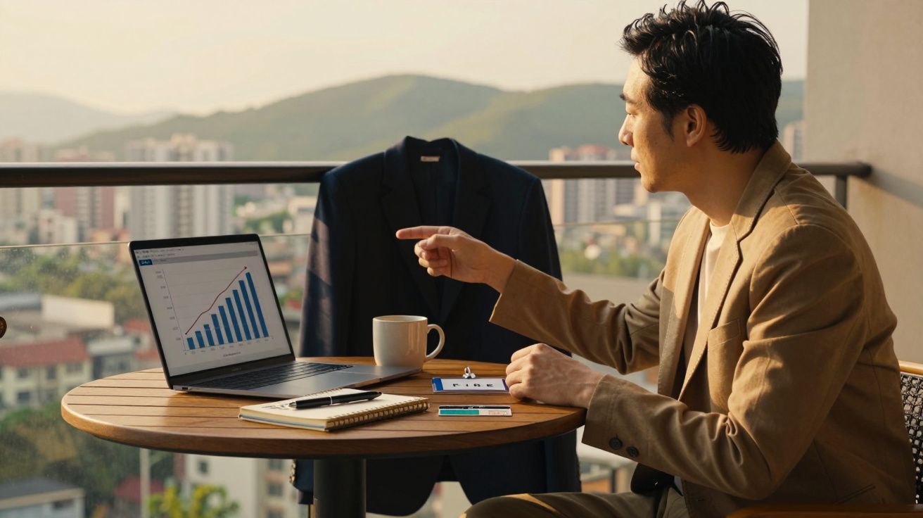 Homem a apontar para gráfico de crescimento num portátil, sentado numa esplanada com cidade ao fundo.