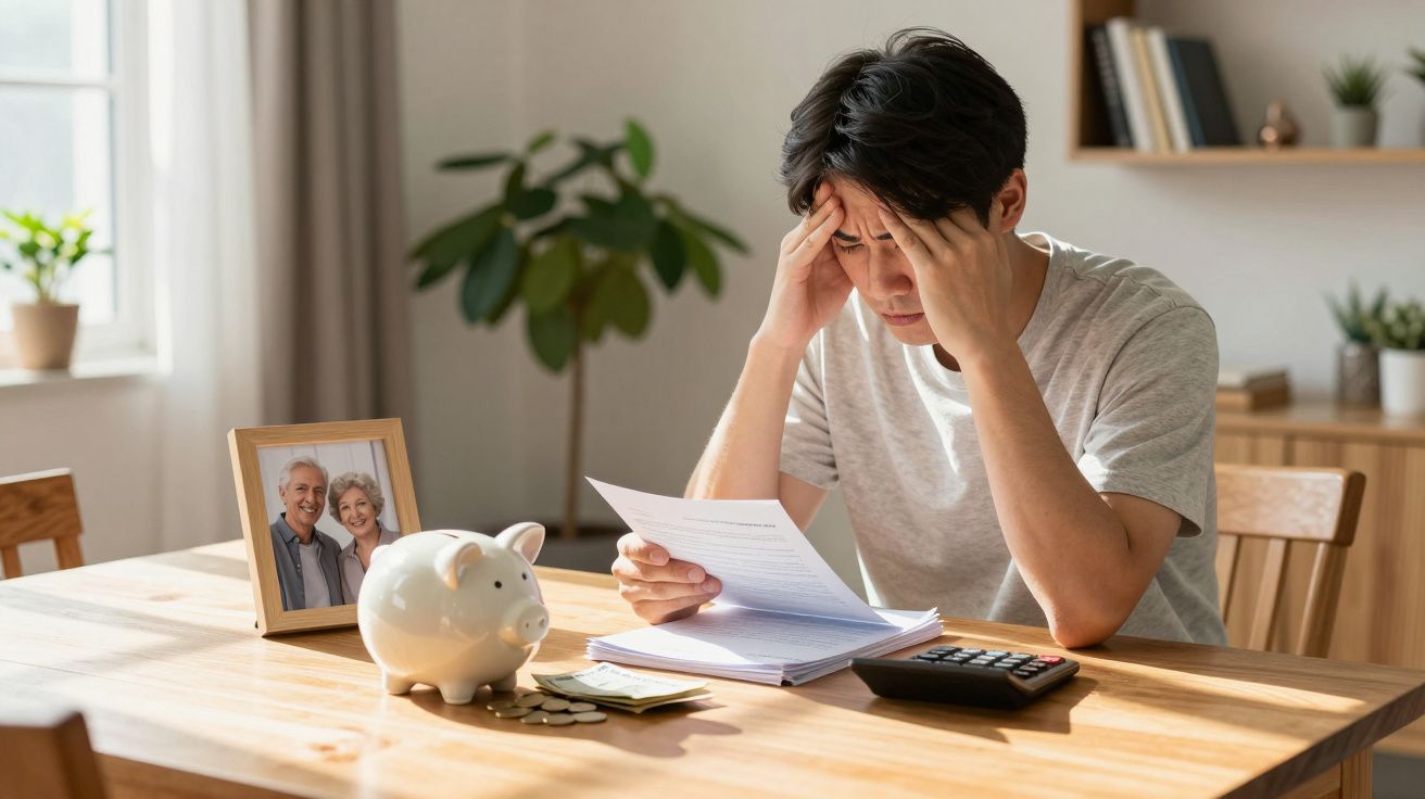 Homem preocupado a ler documentos financeiros à mesa com cofrinho e calculadora.