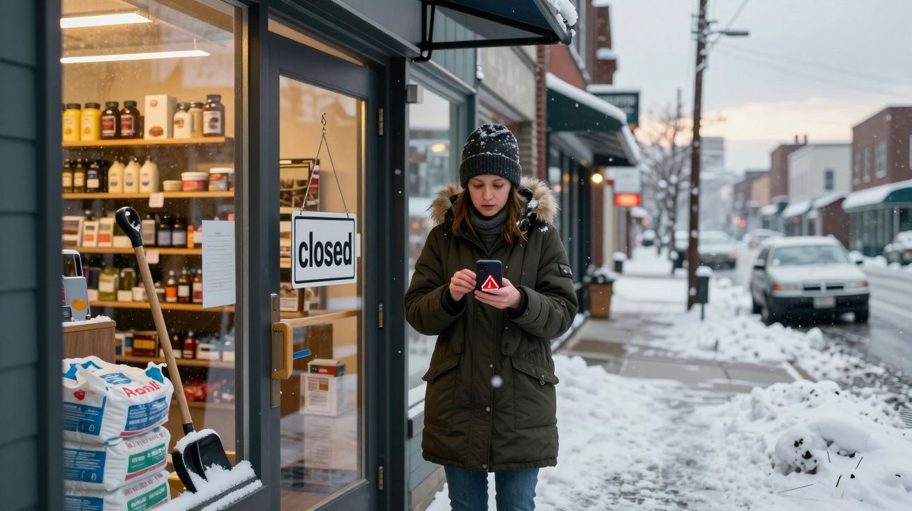 Mulher vestida com casaco quente e gorro a usar telemóvel na rua coberta de neve junto a loja fechada.