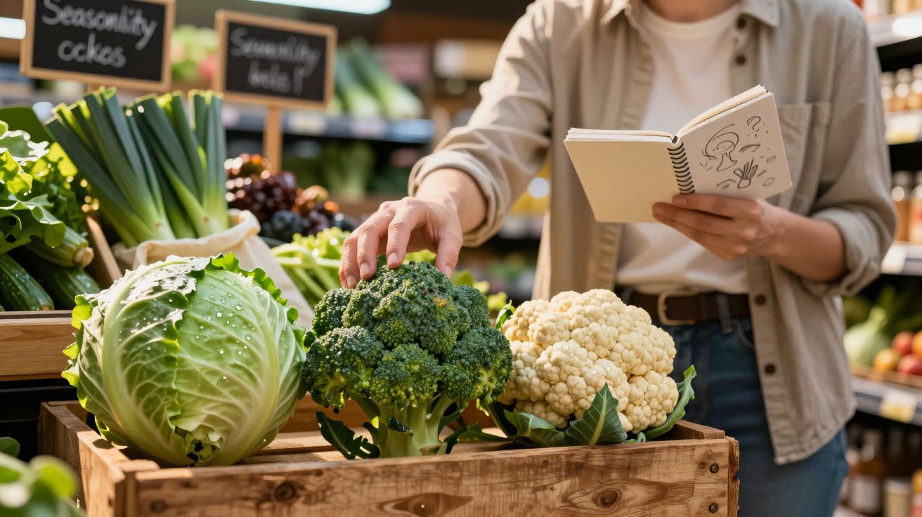 Pessoa a escolher brócolos num mercado com caderno na mão e legumes frescos à volta.