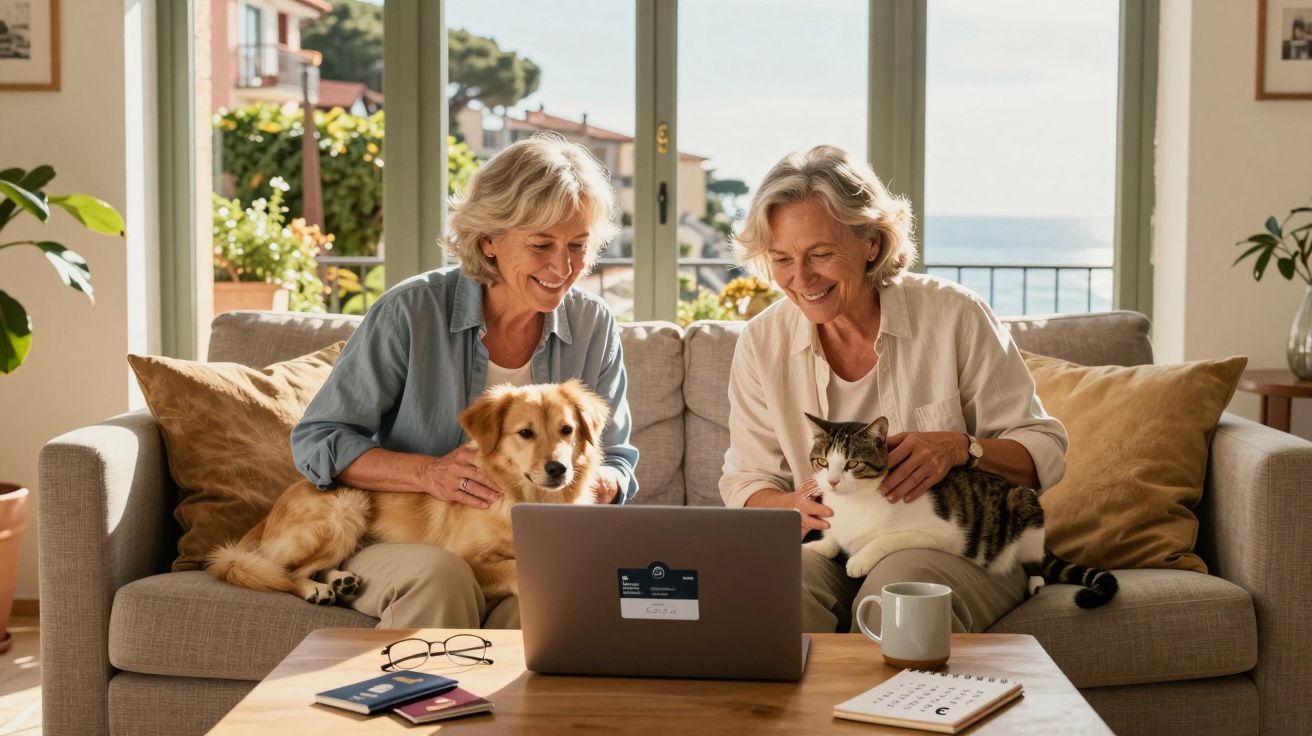 Duas mulheres sentadas no sofá com um cão e um gato, a olhar para um computador portátil numa sala iluminada.