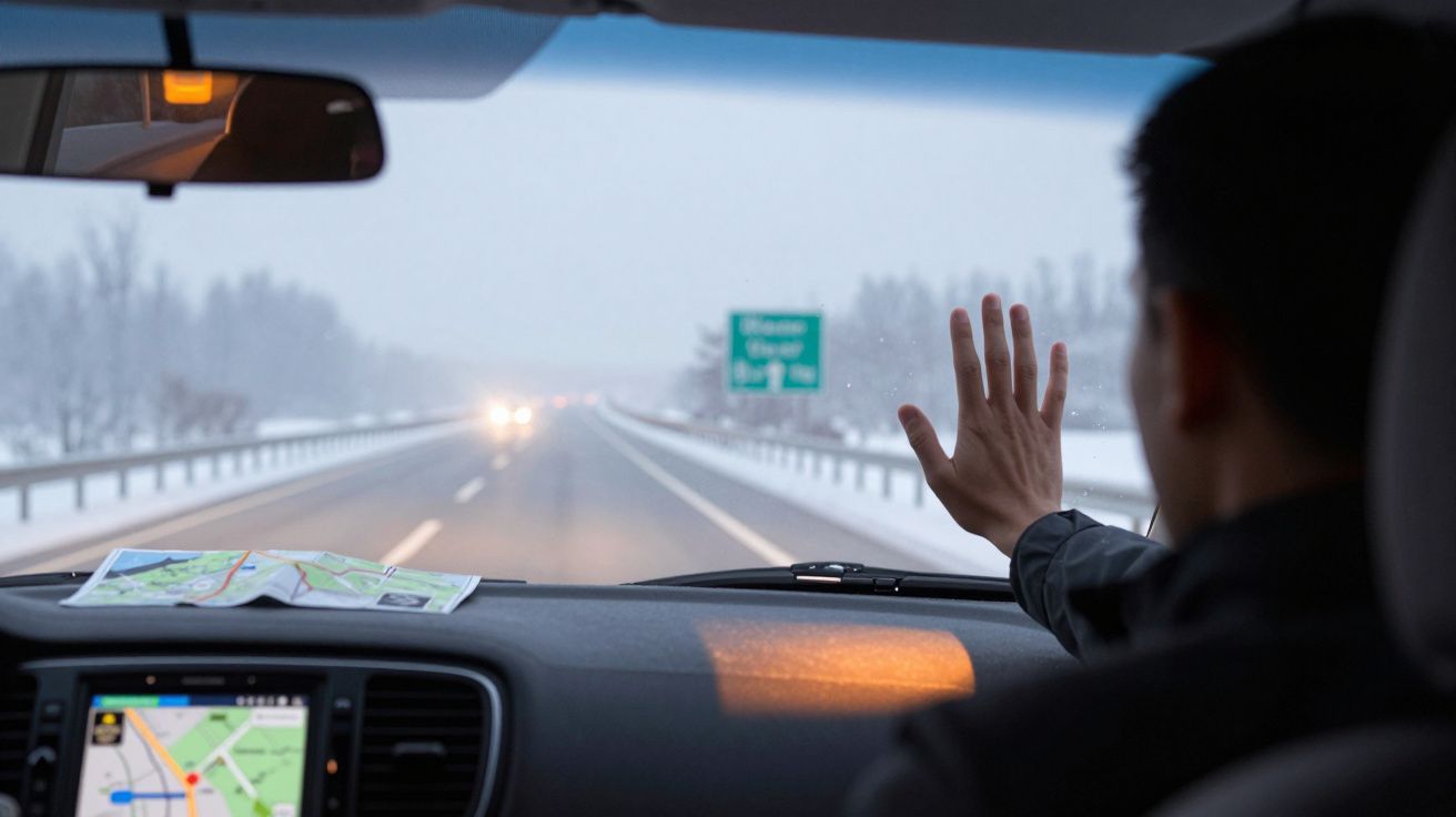 Condutor dentro de carro acena pela janela perante estrada e sinal verde em dia de céu nublado e nevoeiro.