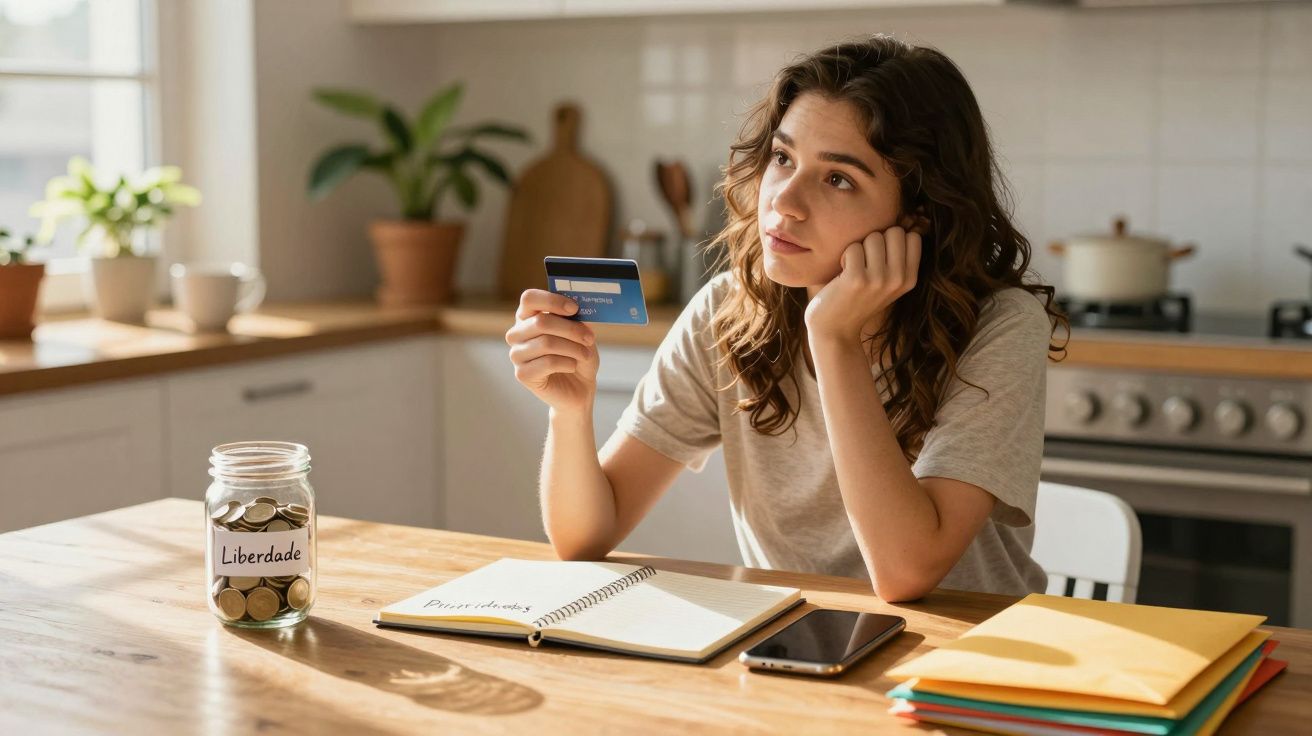 Mulher pensativa com cartão de crédito na cozinha, junto a cofrinho com moedas e caderno aberto.