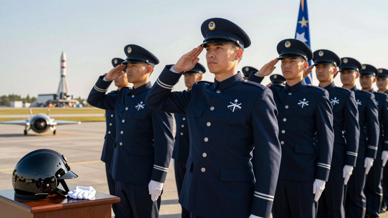 Militares em uniforme azul escuro a prestar continência numa base aérea com foguete ao fundo.