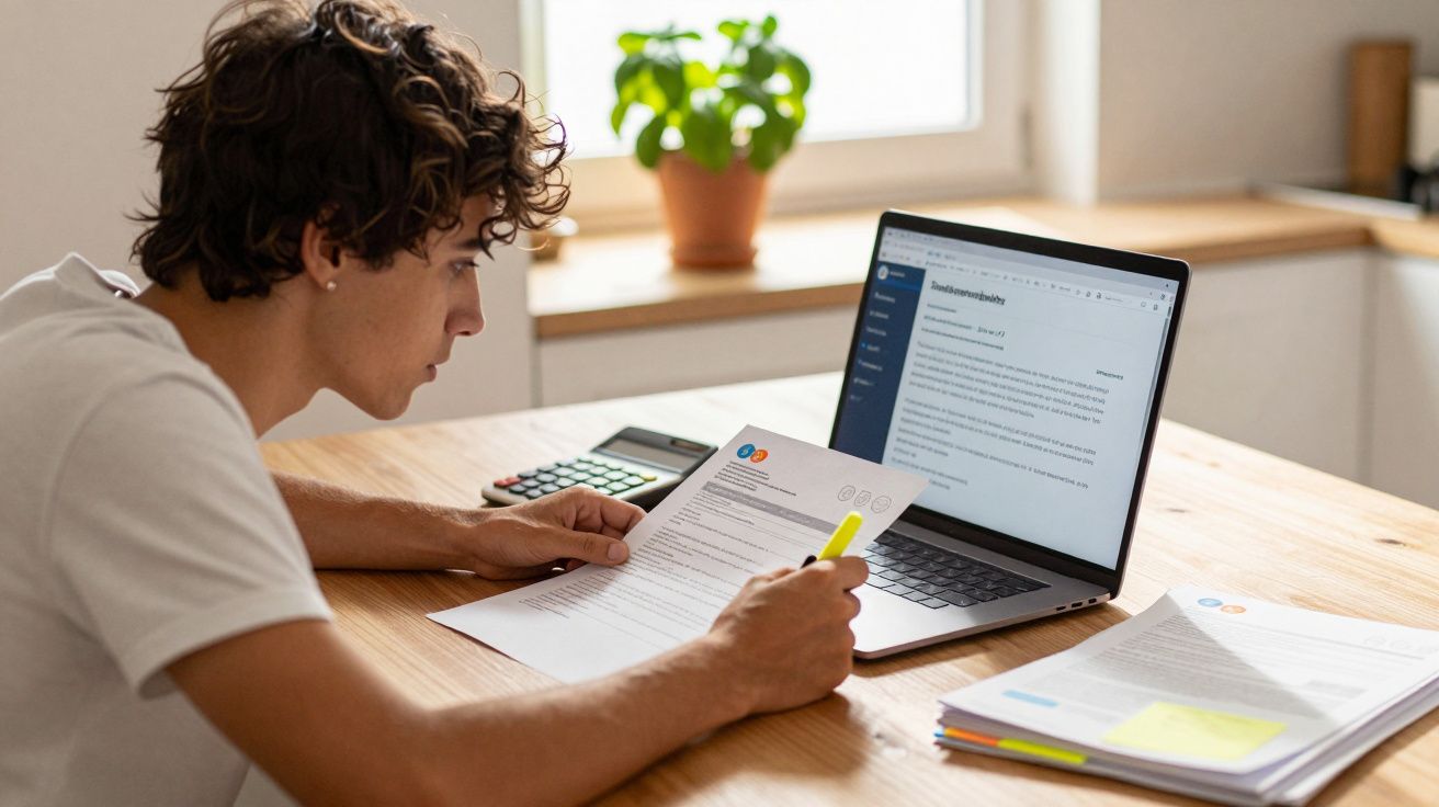Jovem a analisar documentos e a usar um portátil numa cozinha bem iluminada com planta na janela.