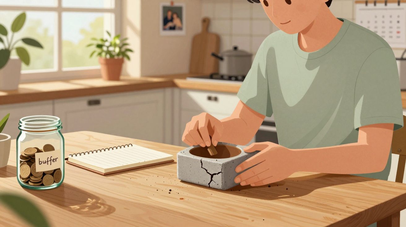 Pessoa a moer especiarias num almofariz numa cozinha luminosa com frasco de moedas e caderno na mesa.