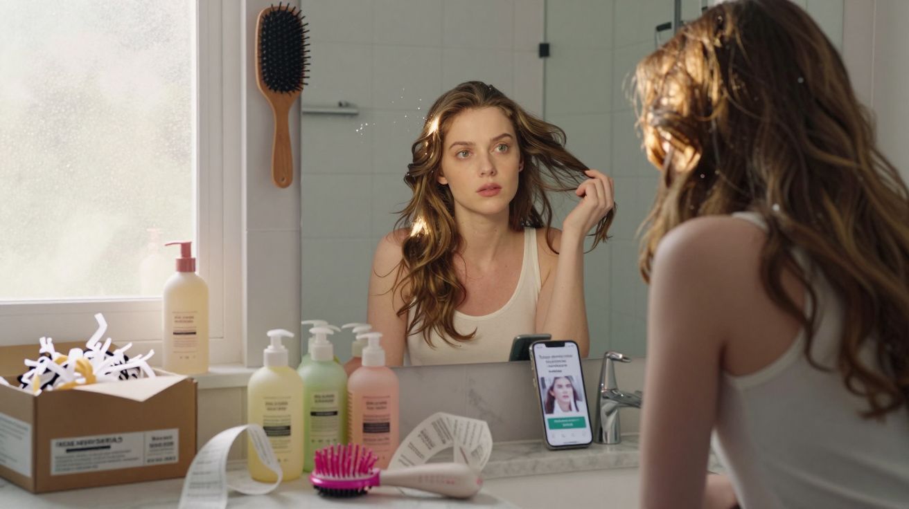 Mulher com cabelo castanho claro a olhar para o espelho numa casa de banho iluminada pela luz natural.