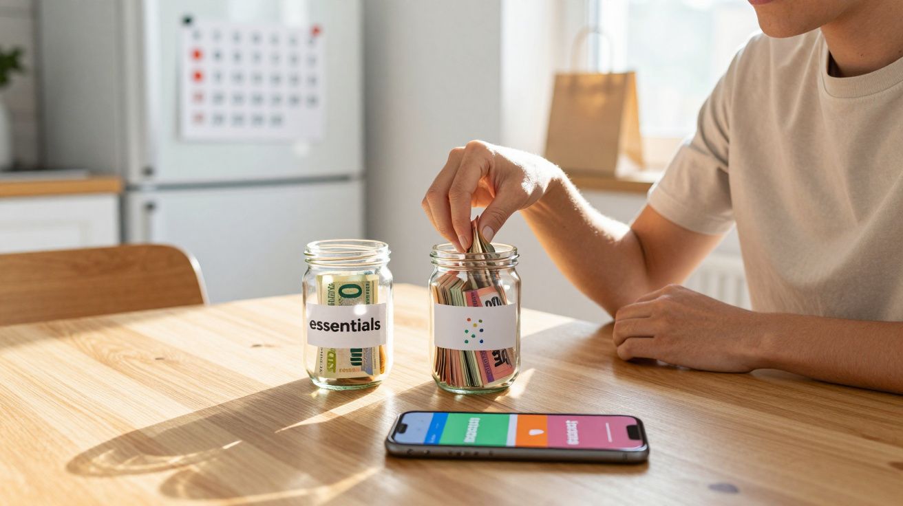 Pessoa a colocar moedas num frasco para poupar, ao lado de outro frasco com notas e um telemóvel numa mesa de madeira.