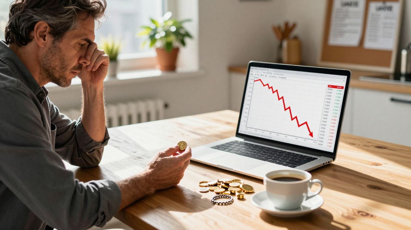 Homem preocupado analisa gráfico em queda no laptop enquanto segura moedas numa mesa com café.