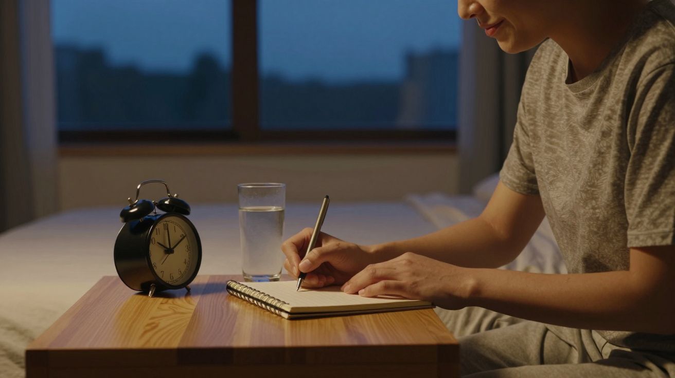 Pessoa a escrever num caderno ao lado de um despertador e um copo de água numa mesa junto à cama à noite.