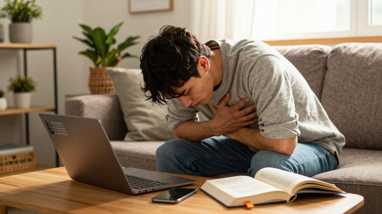 Homem sentado no sofá a segurar o peito com expressão de dor, com laptop, telemóvel e livro numa mesa à frente.
