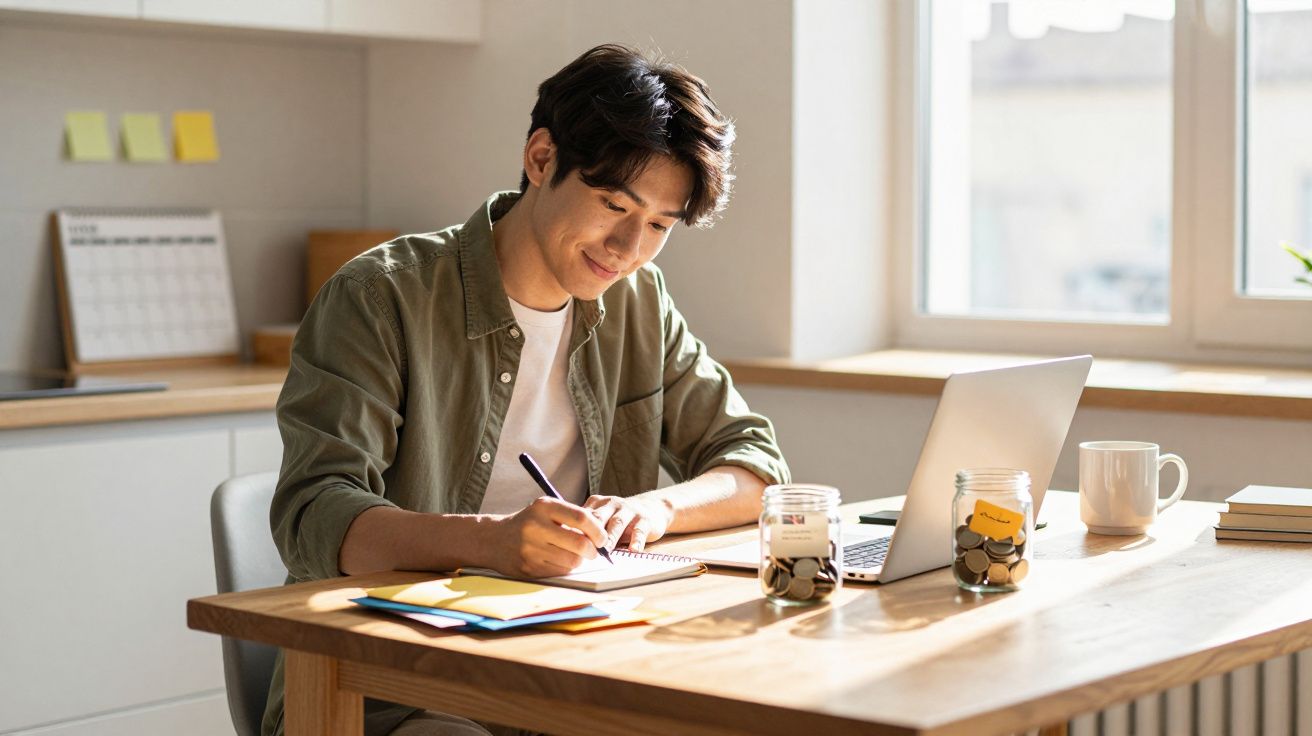 Jovem sentado a escrever num caderno, com computador portátil aberto e frascos com moedas na mesa de madeira iluminada.