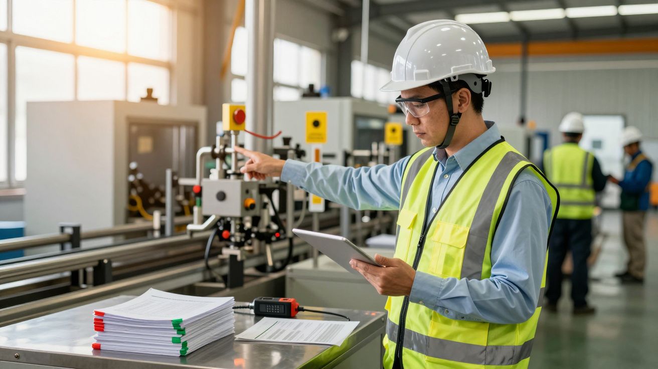 Trabalhador industrial com capacete e colete a operar máquina e usar tablet numa fábrica moderna.