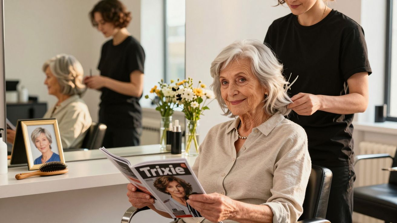 Mulher sénior sentada a ler revista enquanto cabeleireira lhe faz penteado num salão de beleza.