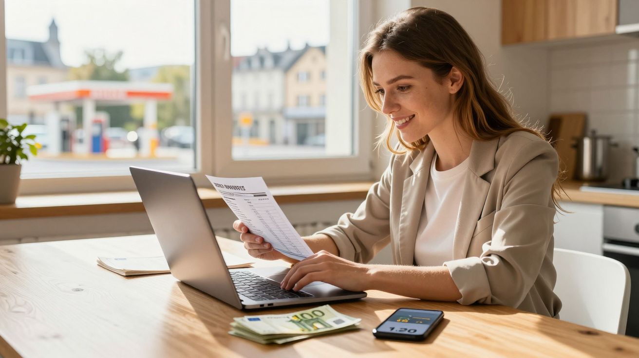 Mulher sorridente a analisar faturas num computador portátil numa cozinha iluminada durante o dia.