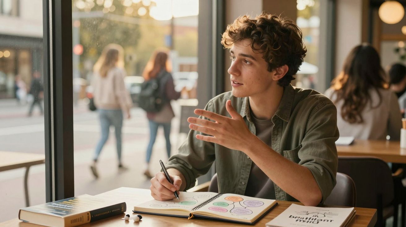 Jovem a estudar e a apontar notas num caderno aberto numa mesa perto de uma janela com pessoas a passar na rua.