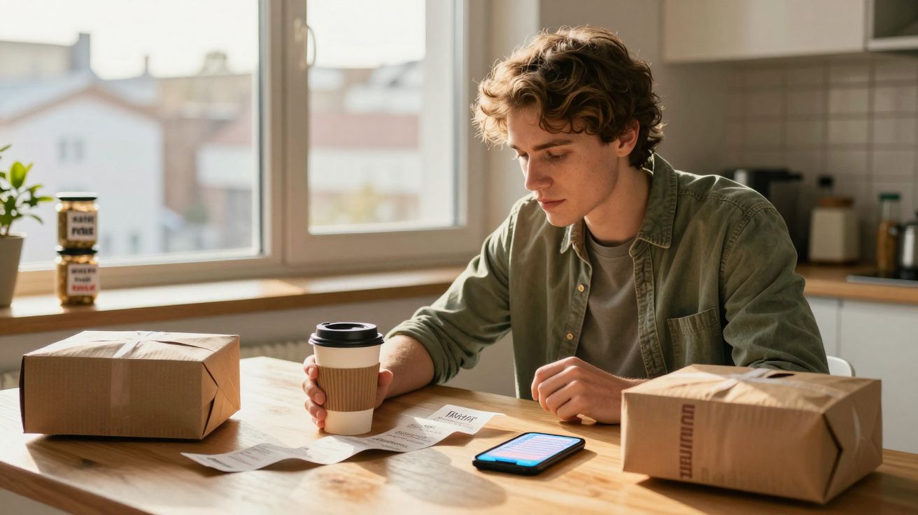 Jovem sentado à mesa da cozinha a consultar despesas no telemóvel e a segurar um copo de café.