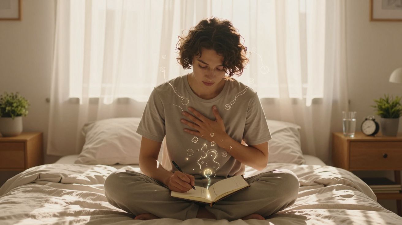 Pessoa sentada na cama escrevendo num caderno, com luz suave e elementos gráficos à sua volta.
