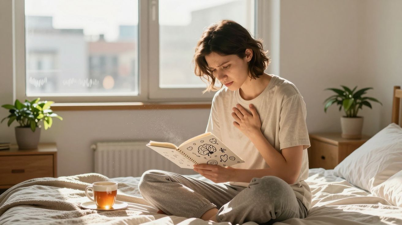 Pessoa sentada na cama a ler um livro com expressão emocionada, ao lado uma chávena de chá e plantas.