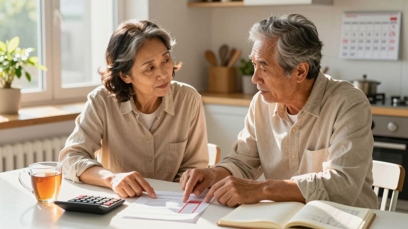 Casal sénior sentado à mesa da cozinha a analisar documentos e usar calculadora, com chá ao lado.