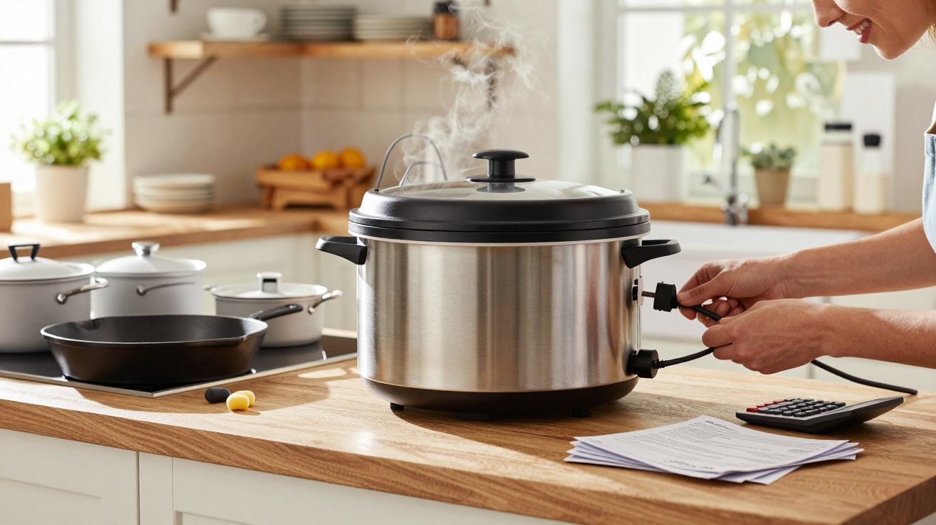 Pessoa a ligar um tacho elétrico com vapor a sair, num balcão de cozinha com utensílios e documentos.