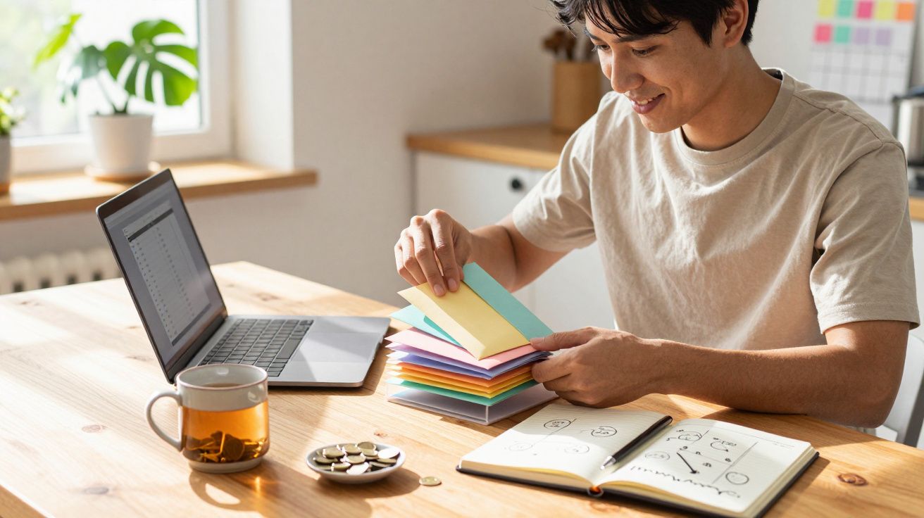 Jovem sentado à mesa a organizar blocos de notas coloridos com laptop, chá e cadernos à sua frente.