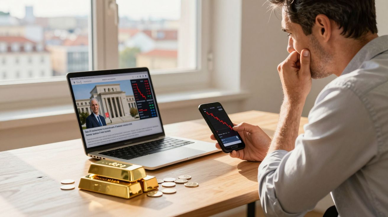 Homem sentado a analisar gráficos financeiros em telemóvel e computador com barras e moedas de ouro sobre a mesa.