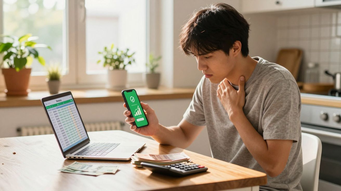 Homem sentado à mesa com laptop, telemóvel a mostrar gráfico de crescimento e calculadora num ambiente doméstico.