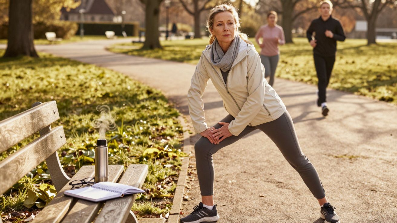 Mulher sénior a alongar-se num parque, com duas pessoas a correr ao fundo em dia ensolarado.
