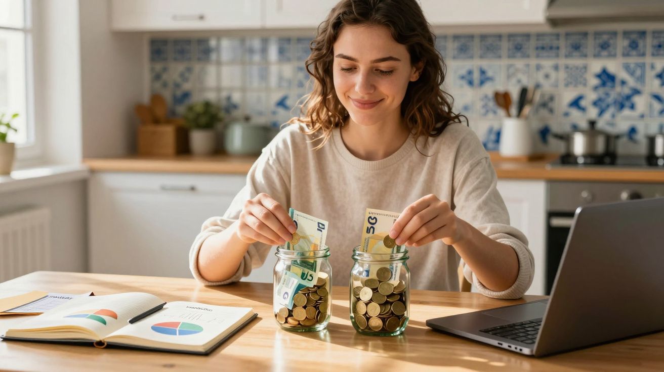 Mulher sorridente a guardar dinheiro em frascos de vidro numa cozinha, com laptop e caderno na mesa.