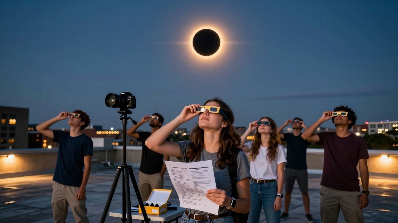 Grupo de pessoas com óculos especiais a observar eclipse solar na cidade durante o crepúsculo.