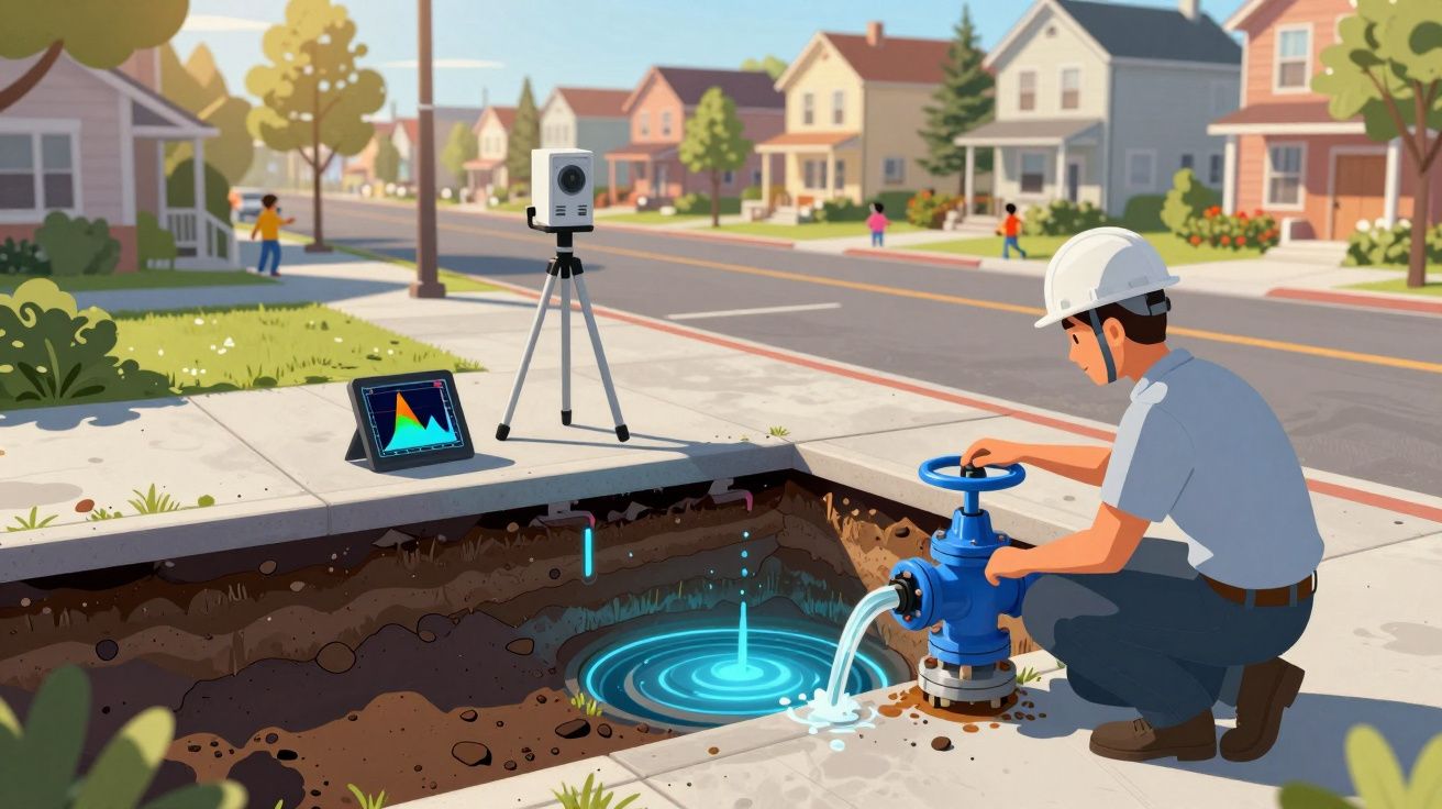 Técnico a reparar um cano de água numa rua residencial com ferramentas de monitorização digital.