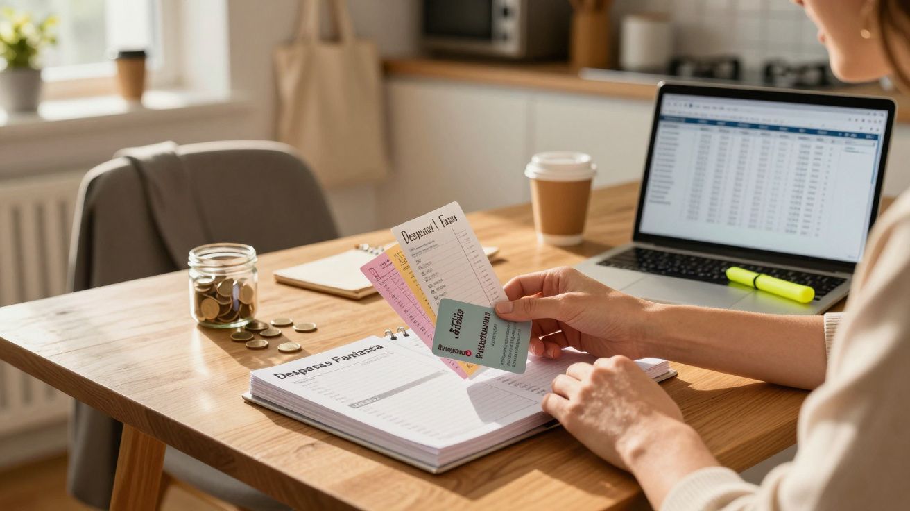 Pessoa a organizar despesas em fichas e caderno num ambiente doméstico com laptop e moedas na mesa.