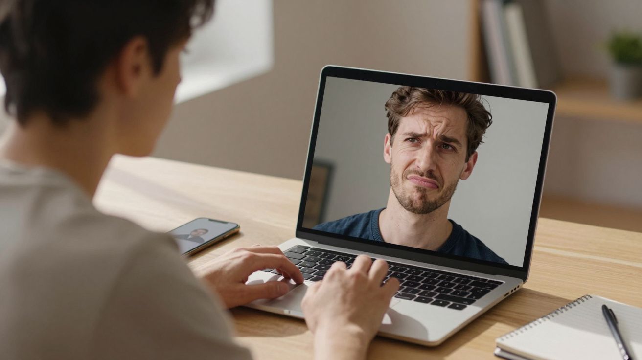 Pessoa numa videochamada no portátil, homem na tela com expressão confusa ou preocupada.
