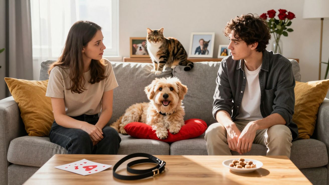 Jovem casal sentado no sofá com um cão e um gato entre eles numa sala iluminada.