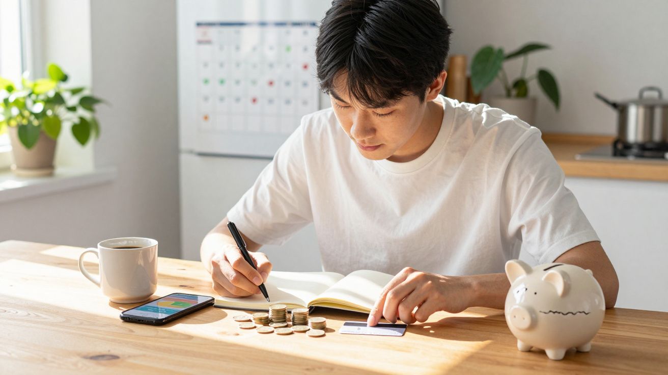 Jovem a calcular despesas com moedas, cartão e caderno numa mesa de madeira iluminada em casa.