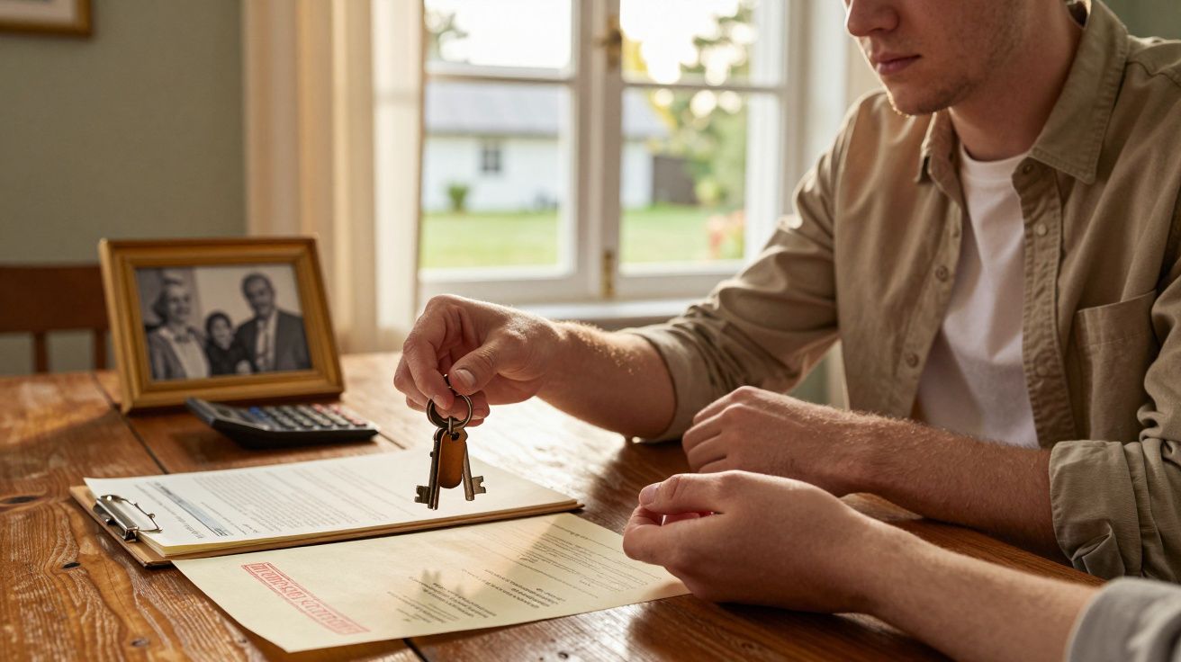 Pessoa a entregar chaves sobre documentos numa mesa de madeira, com foto e calculadora ao fundo.