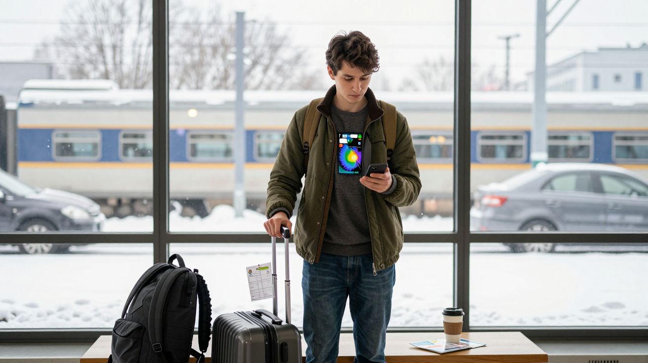 Jovem com sacos e mala numa estação de comboios a consultar o telemóvel, neve visível do lado de fora.