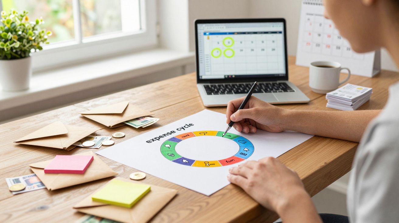 Pessoa a planear ciclo de despesas com gráfico colorido, laptop e envelopes com dinheiro numa mesa de madeira.